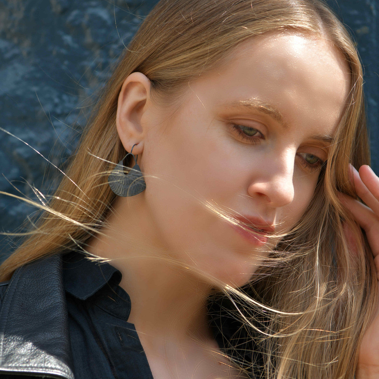 Milly_Thomas_handmade_jewellery_earrings_drop_oxidised_sterling_silver_embossed_warrior_earrings_Australia