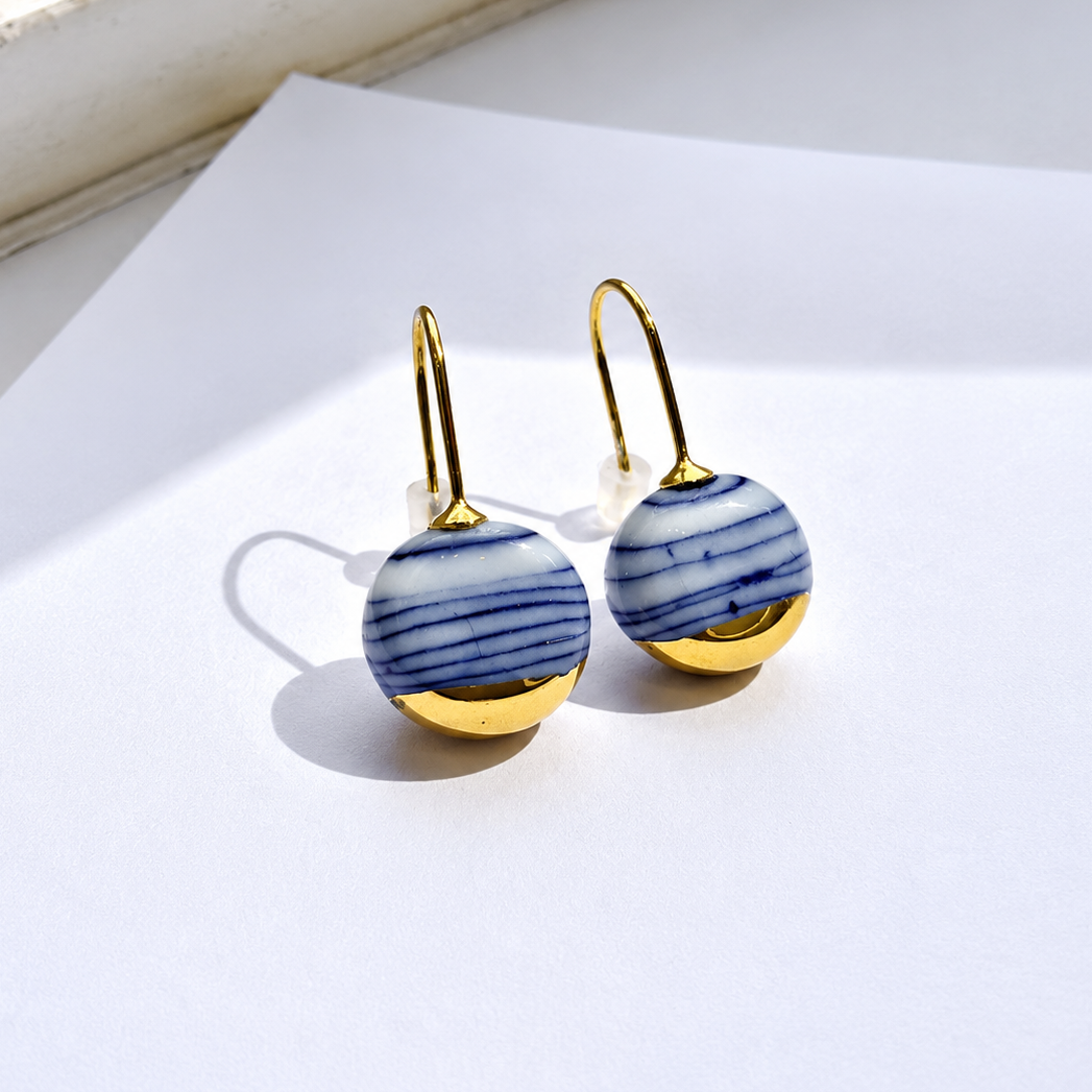 Blue and Gold Porcelain Earrings with Subtle Lines