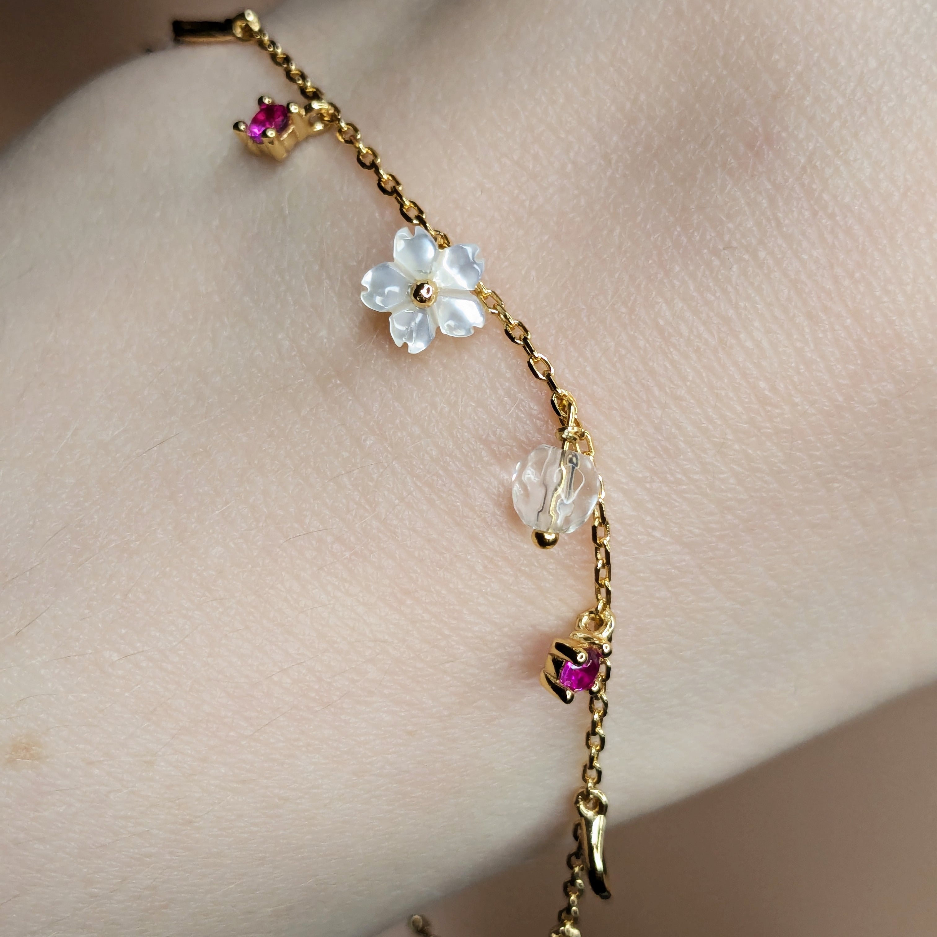 Floral Mother Shell Pearl Crystal Gol Vermeil Bracelet