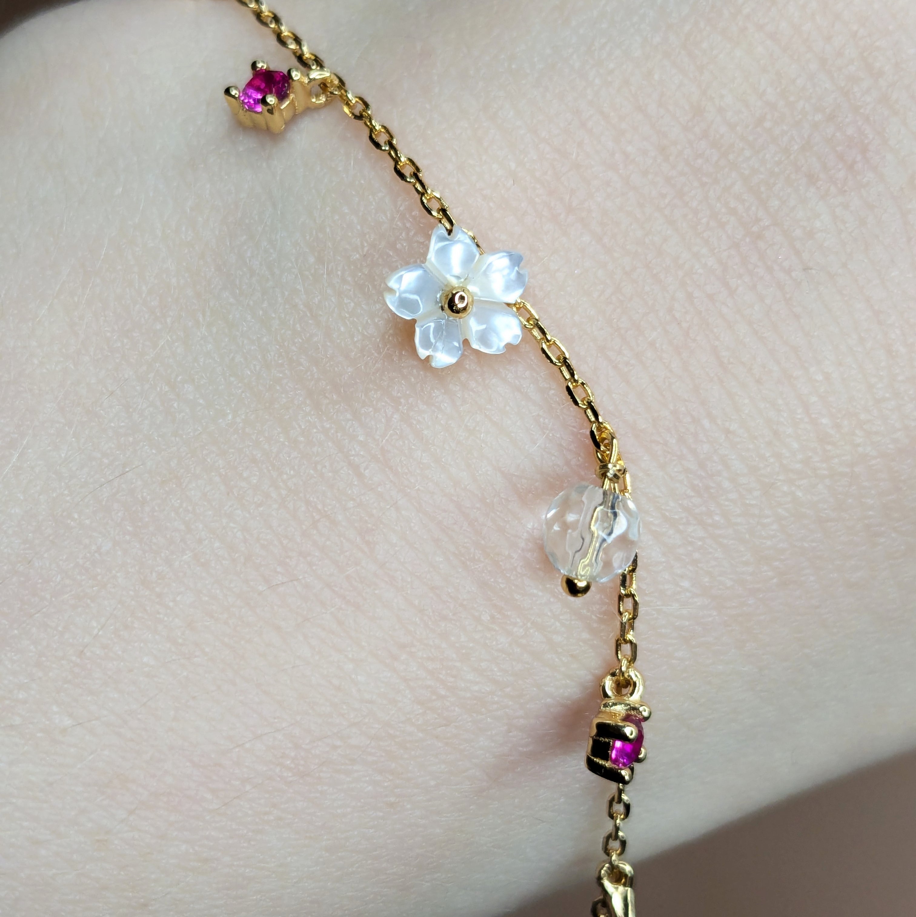 Floral Mother Shell Pearl Crystal Gol Vermeil Bracelet