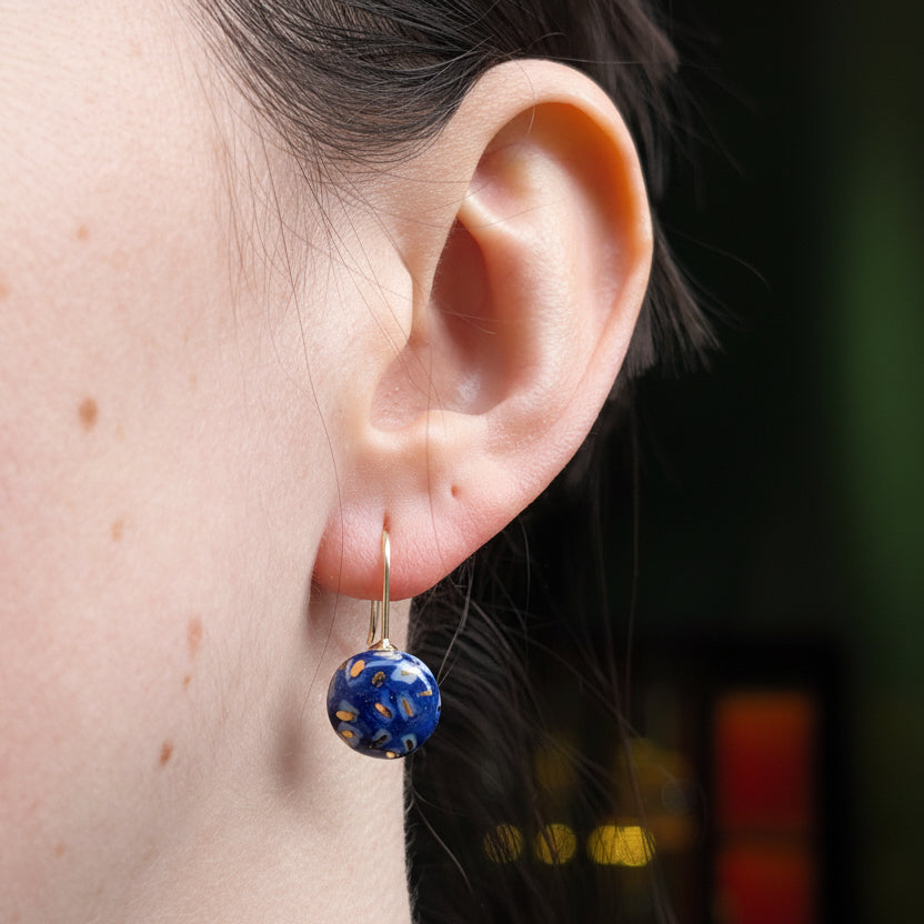 Dark Blue and Gold Confetti Earrings with White Porcelain