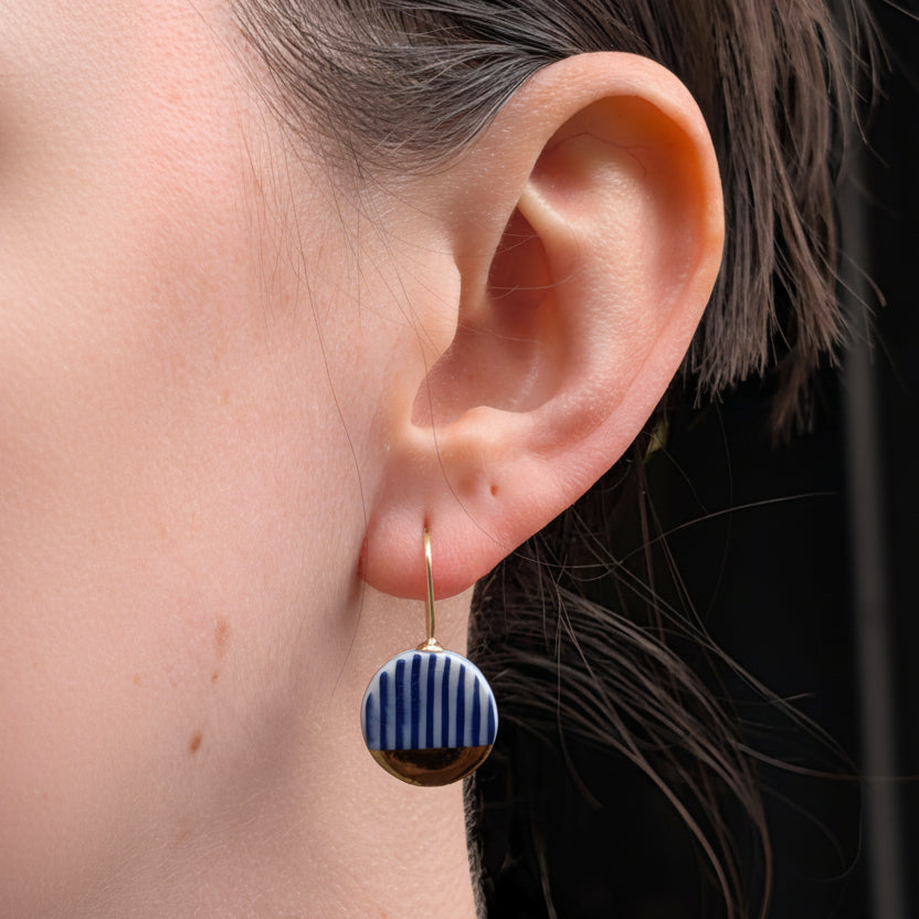 Blue and White Vertical Striped Porcelain Earrings