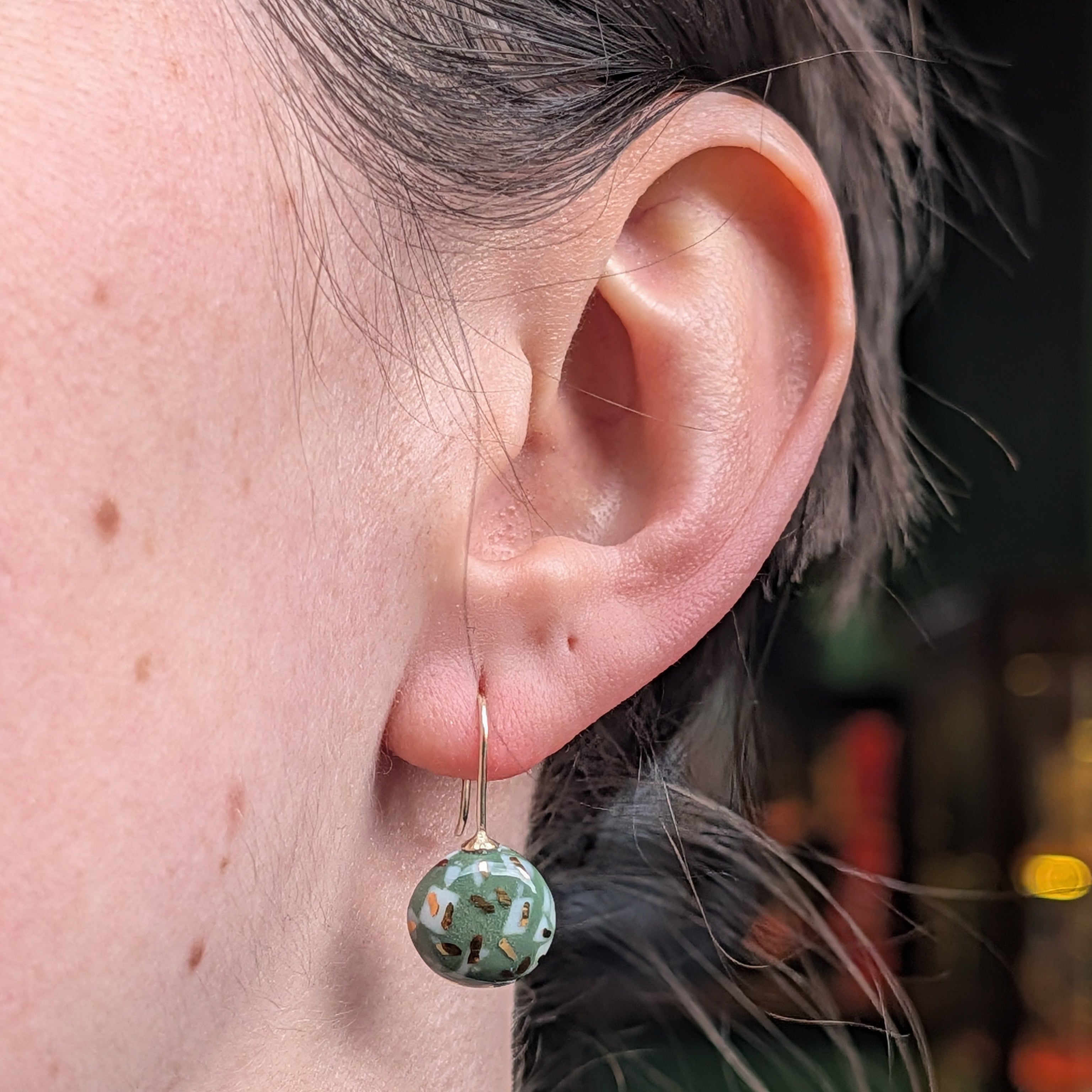 Olive Green with Gold Confetti Porcelain Earrings