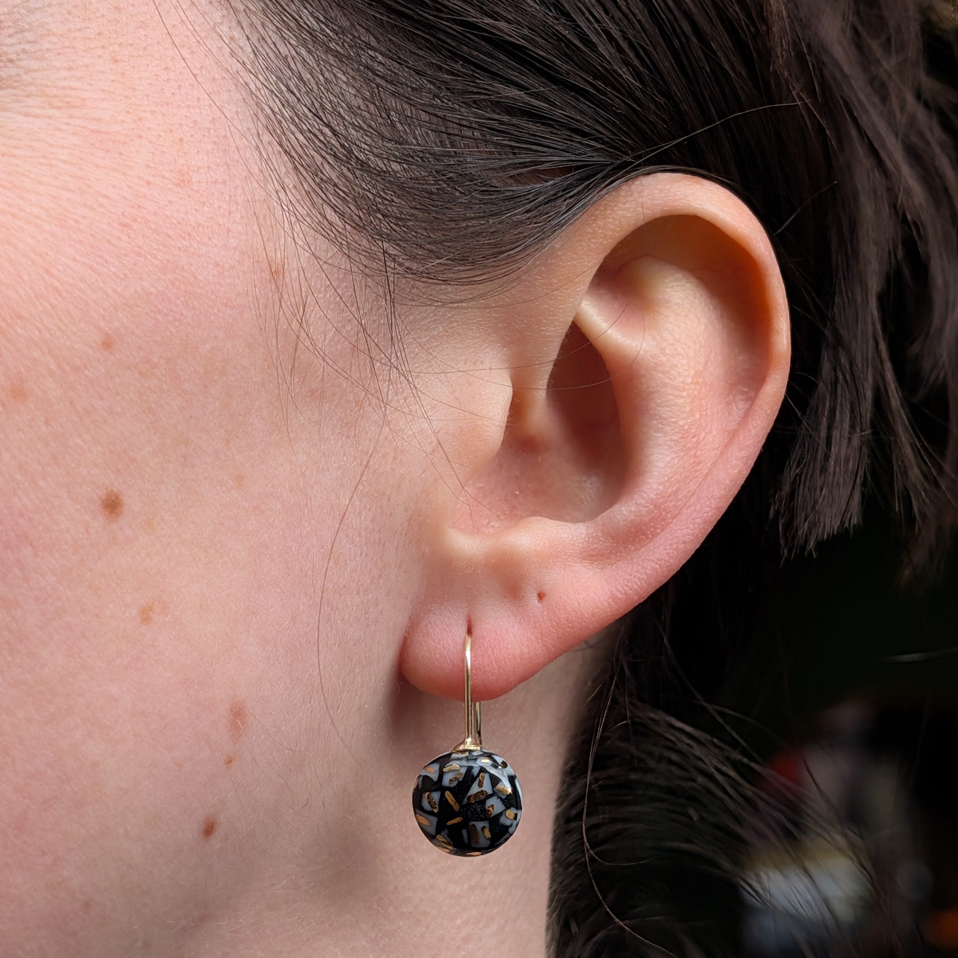 Black with Gold Confetti Porcelain Earrings