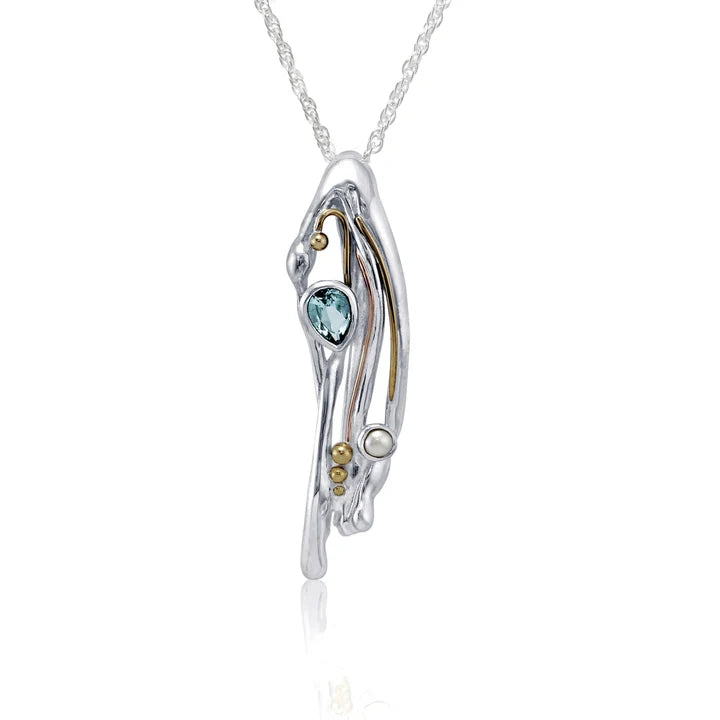 Flowing Blue Topaz and Pearl Organic Silver Pendant