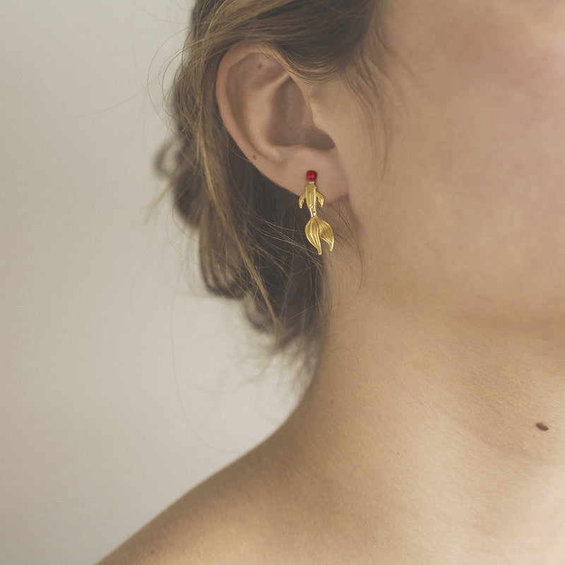 22K Gold Plated Solid Koi Earrings with Coral