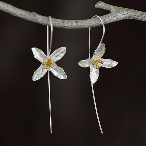 Sterling Silver and Gold Plating Long 'Trillium' Flower Earrings