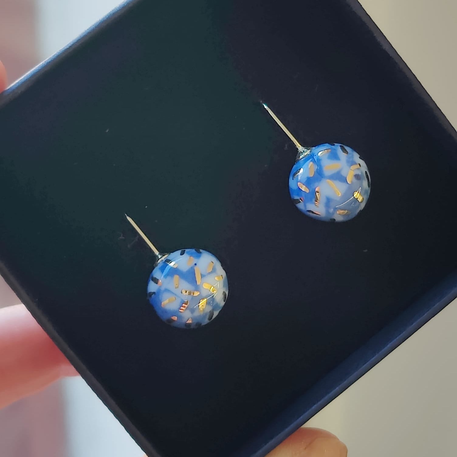 Blue, Gold & White Confetti Hook Drop Earrings