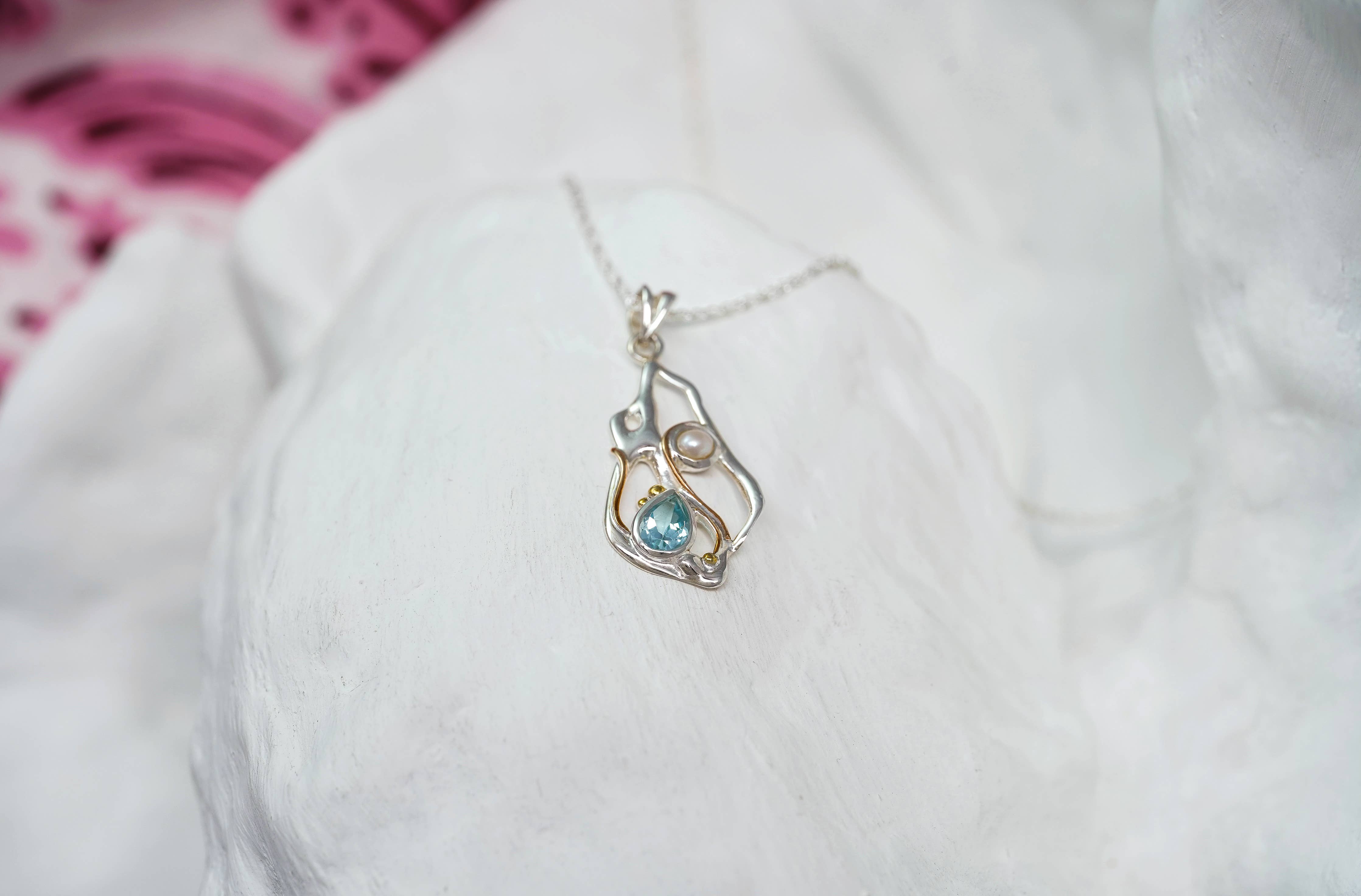 Handmade Blue Topaz and Pearl Sterling Silver Pendant