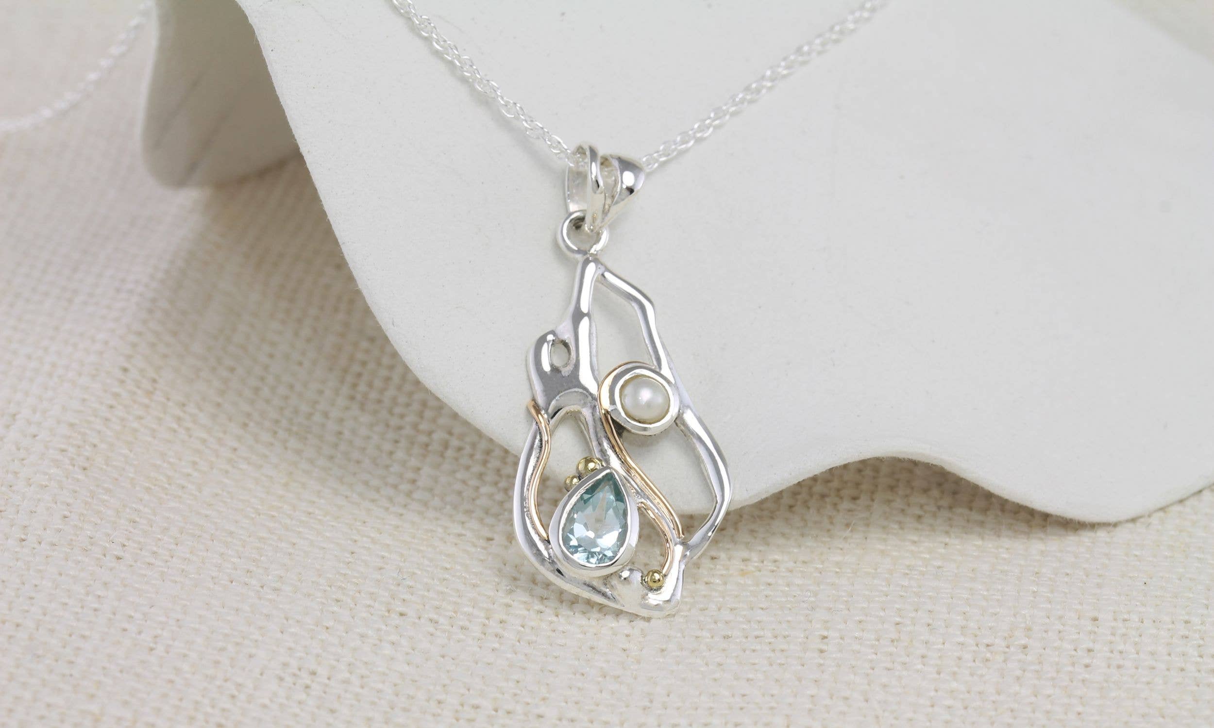 Handmade Blue Topaz and Pearl Sterling Silver Pendant