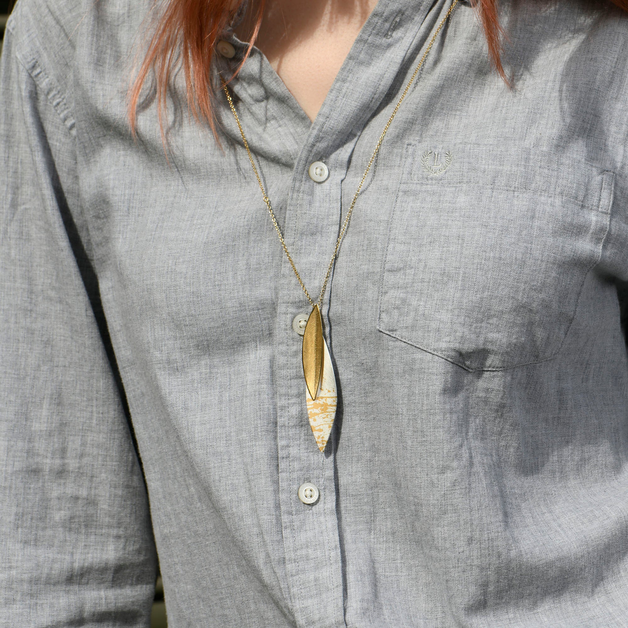 Mixed Metal Narrow Willow Leaf Necklace
