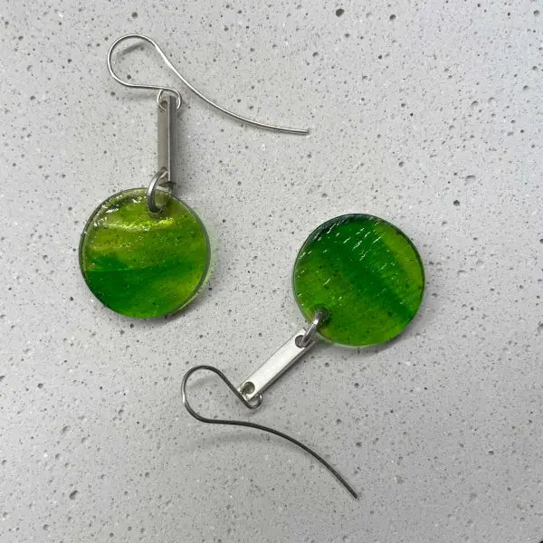 Green & Silver Round Glass Drop Earrings