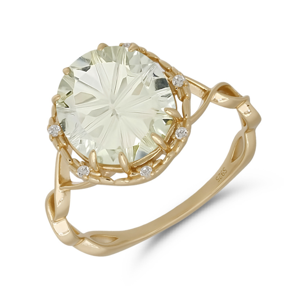 Gold Vermeil Large Green Amethyst Round Brilliant Cut Silver Ring