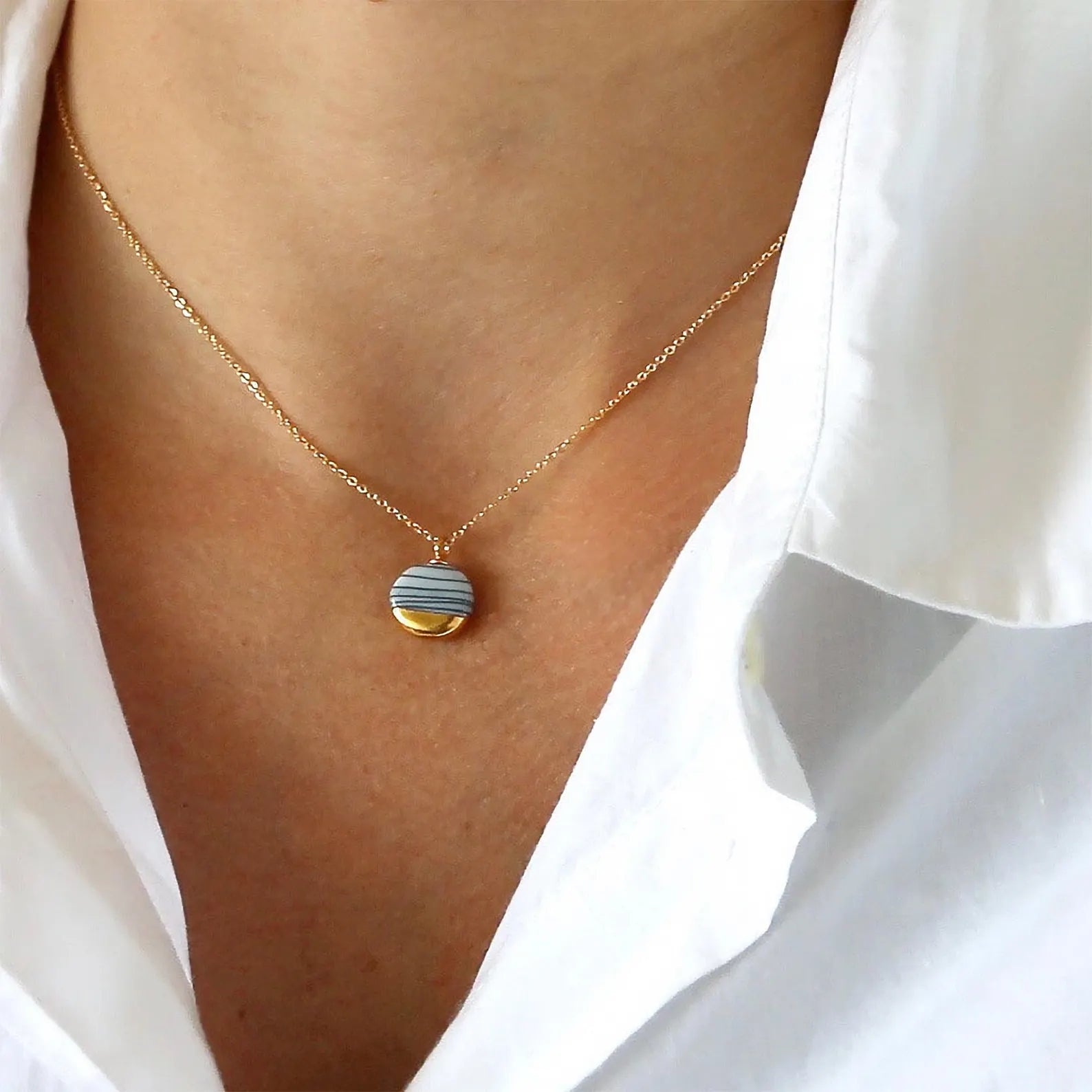 Horizontal Stripes in Black and White Porcelain Necklace