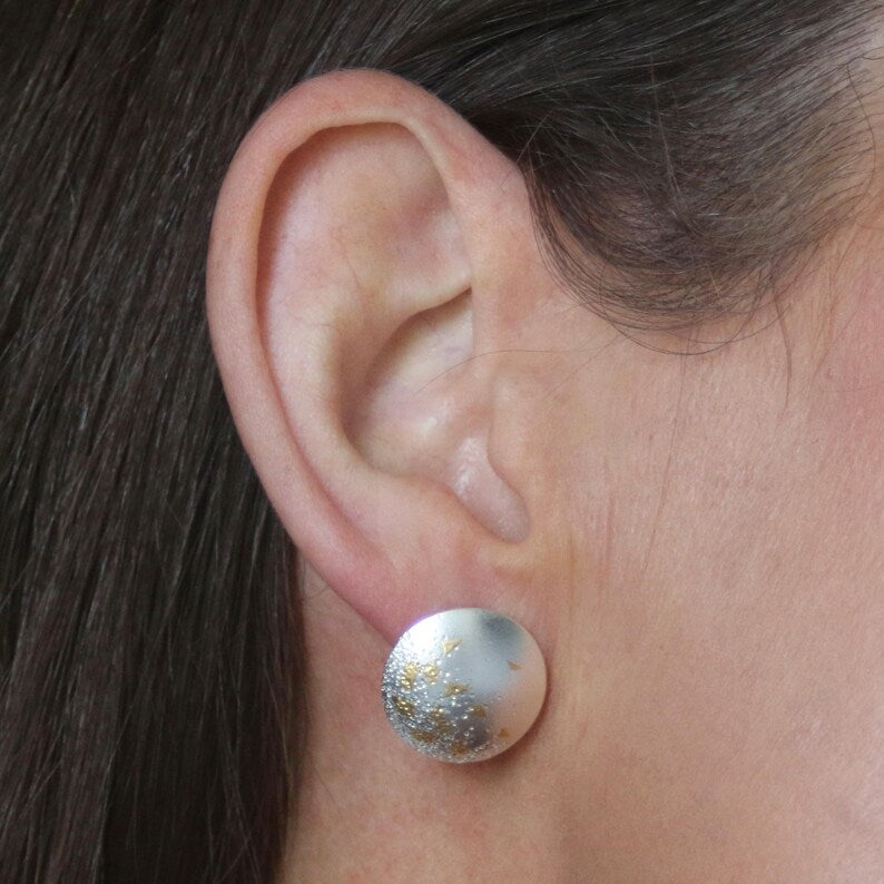 Sterling Silver & Gold Plating Textured & Smooth Disc Stud Earrings