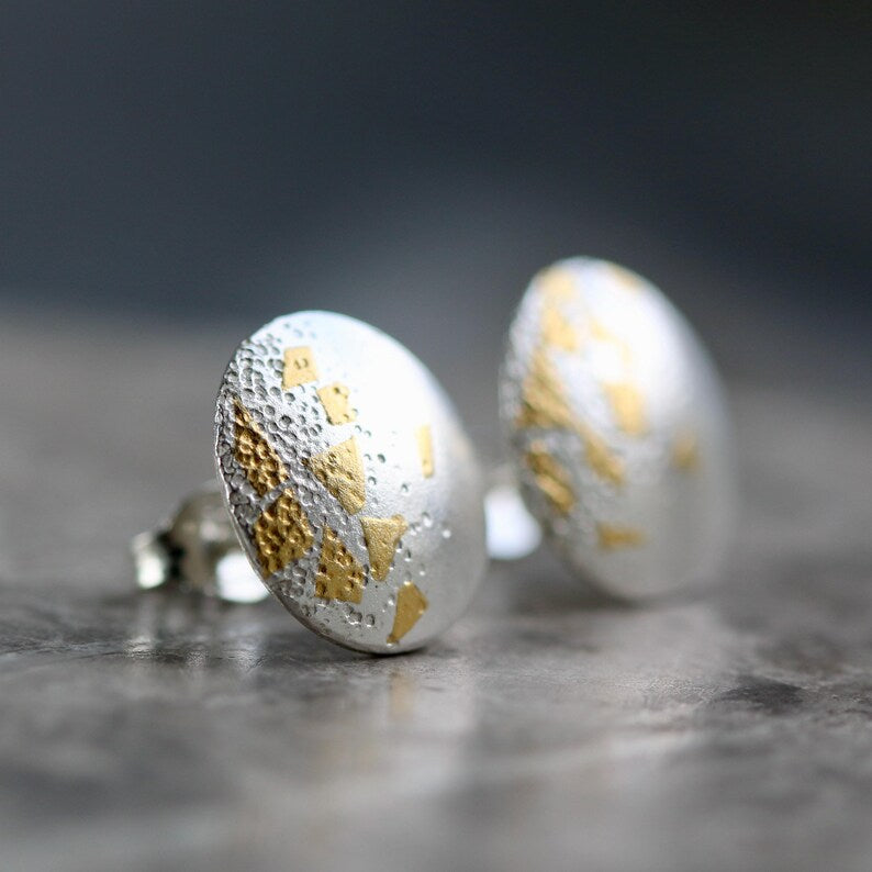 Sterling Silver & Gold Plating Textured & Smooth Disc Stud Earrings