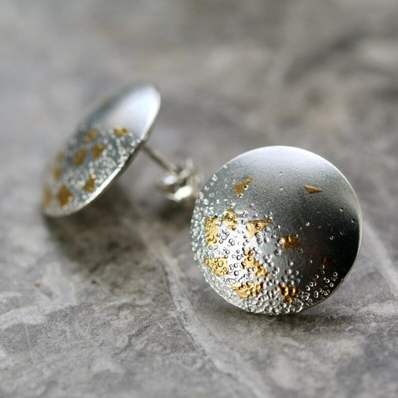 Sterling Silver & Gold Plating Textured & Smooth Disc Stud Earrings
