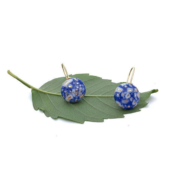 Dark Blue and Gold Confetti Earrings with White Porcelain