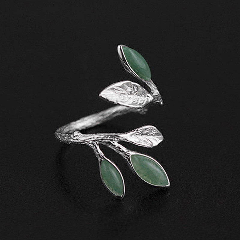 Sterling Silver with Green Jade-stone Leafy Ring
