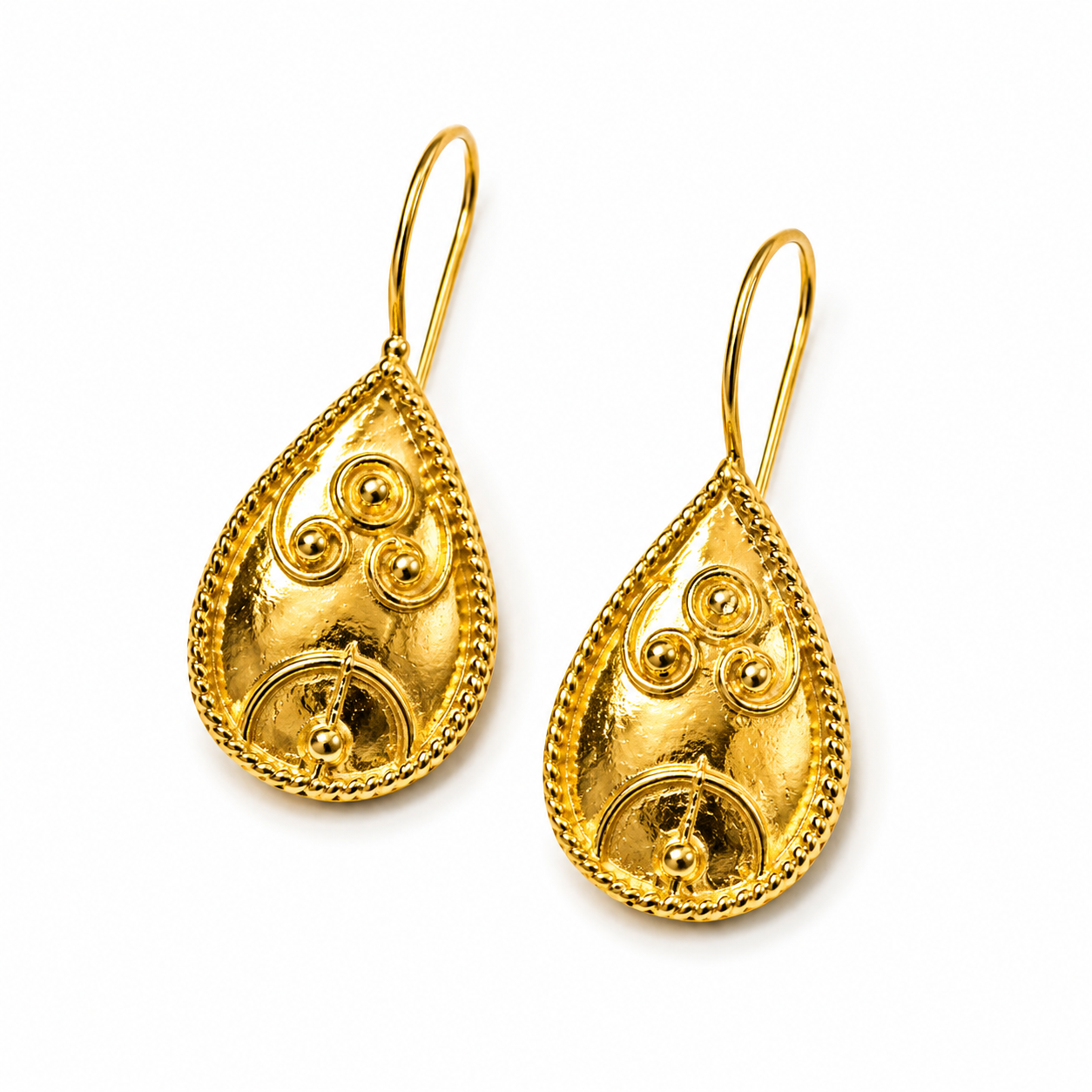 Gold Ornate Teardrop Hook Earrings