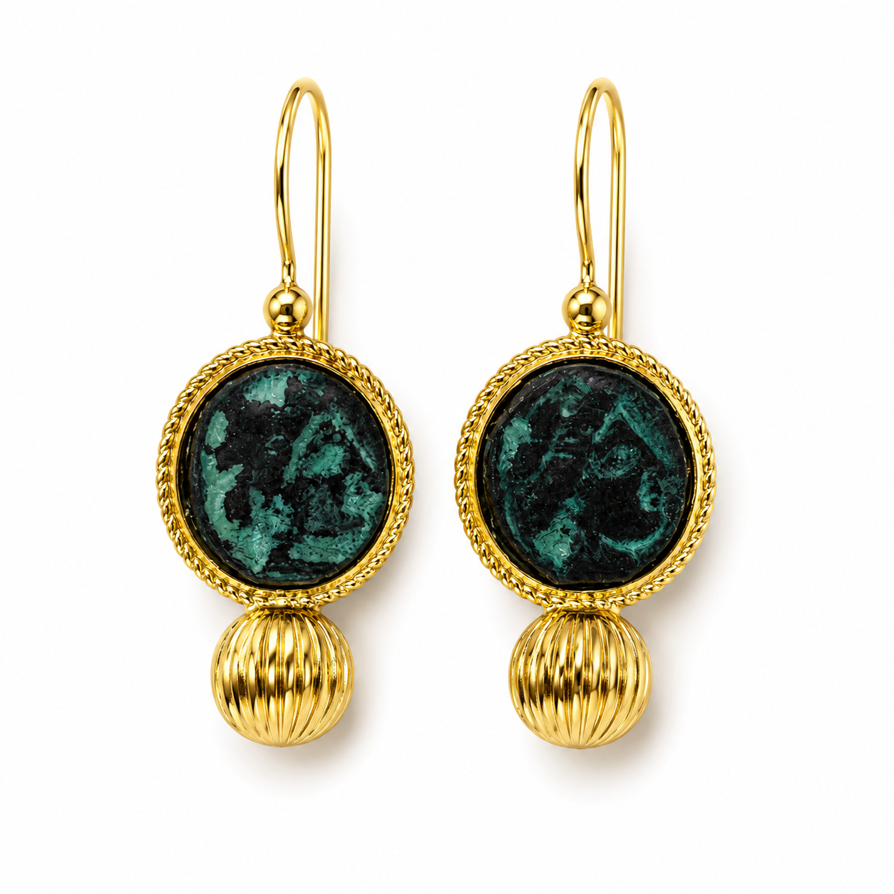 Gold Round Earrings with Patina Bronze and Drop Bead