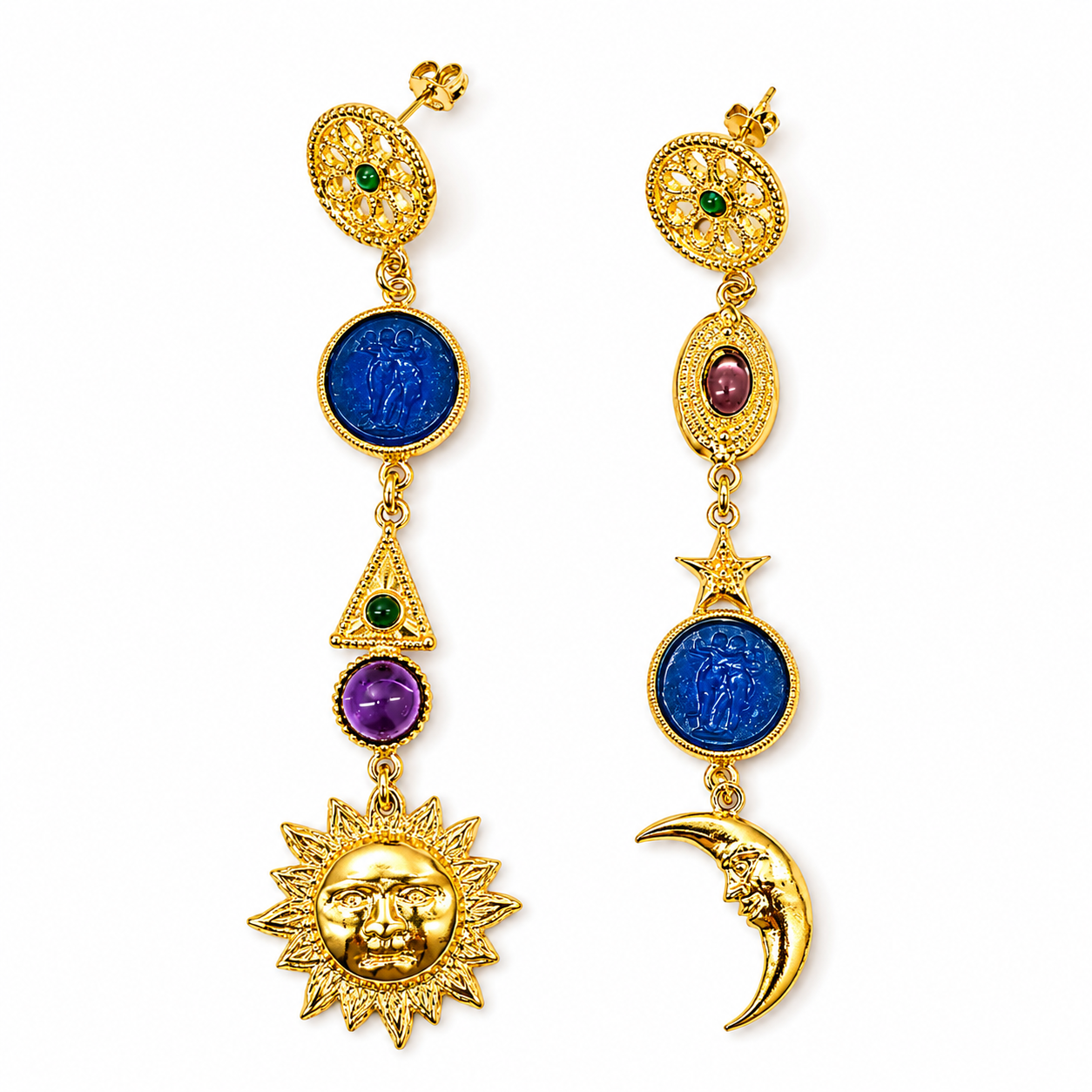 Large Sun and Moon Drop Earrings with Intaglio Glass