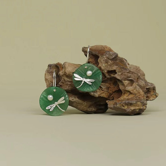 Green Lotus Leaf Jade Pearl Dragonfly Silver Drop Earrings