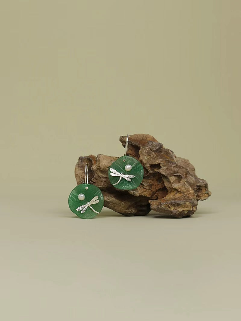 Circular Natural Jade with Pearl Dragonfly Hook Earrings