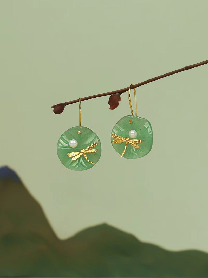 Circular Natural Jade with Pearl Dragonfly Hook Earrings