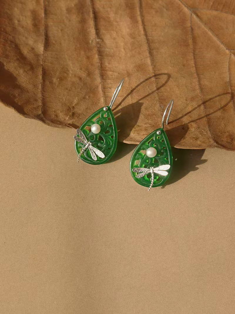 Lace Patterned Natural Jade with Pearl Dragonfly Hook Earrings