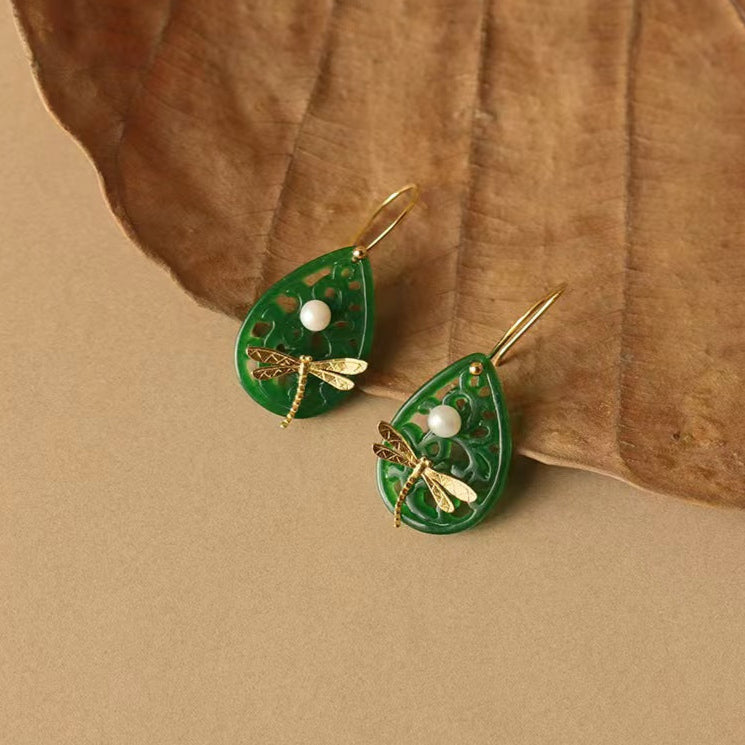 Green Jade Garden with Pearl Dragonfly Silver Drop Earrings