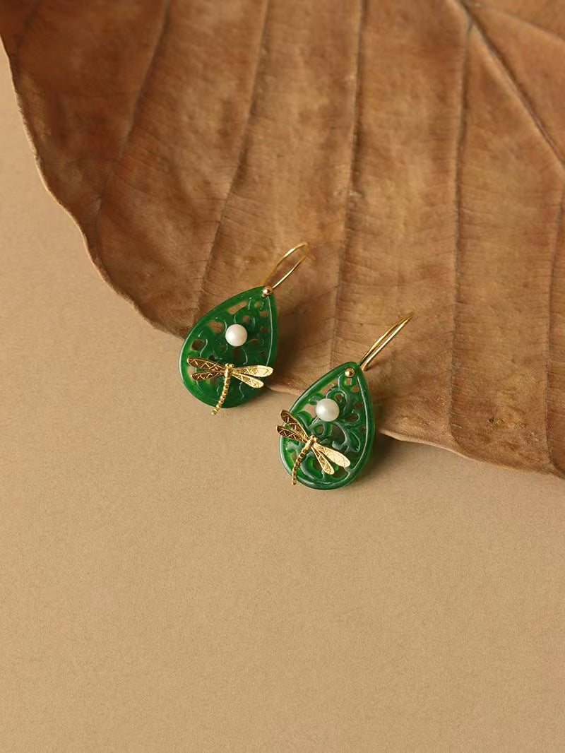 Lace Patterned Natural Jade with Pearl Dragonfly Hook Earrings