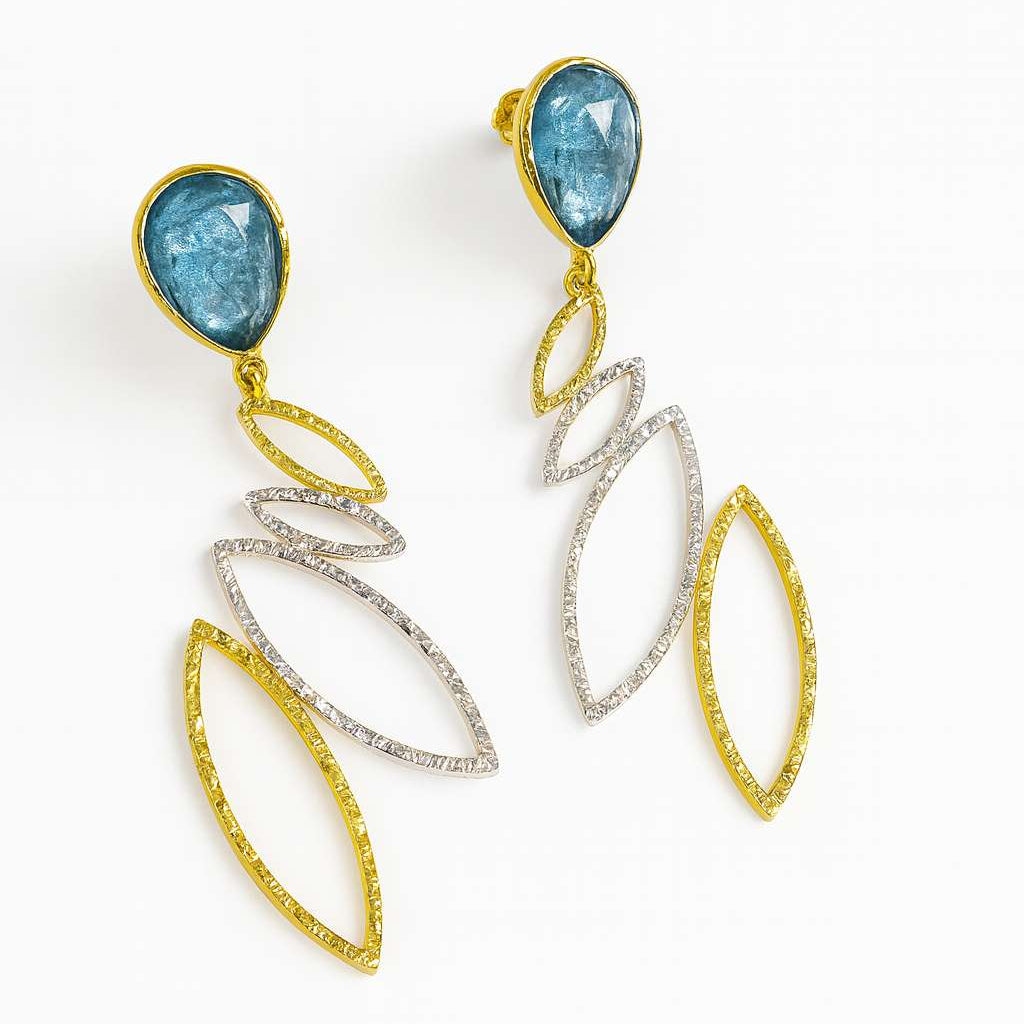 Sterling Silver, Gold Vermeil & Blue Topaz Statement Leafy Drop Earrings