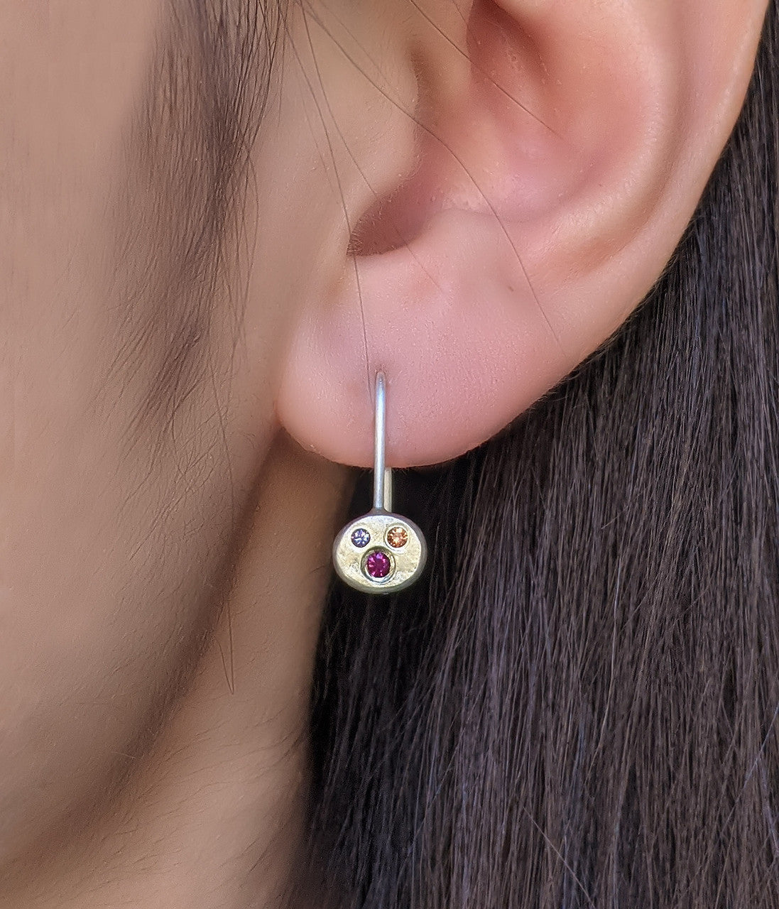 Mini Triple Pink Sapphire Disc Silver Earrings