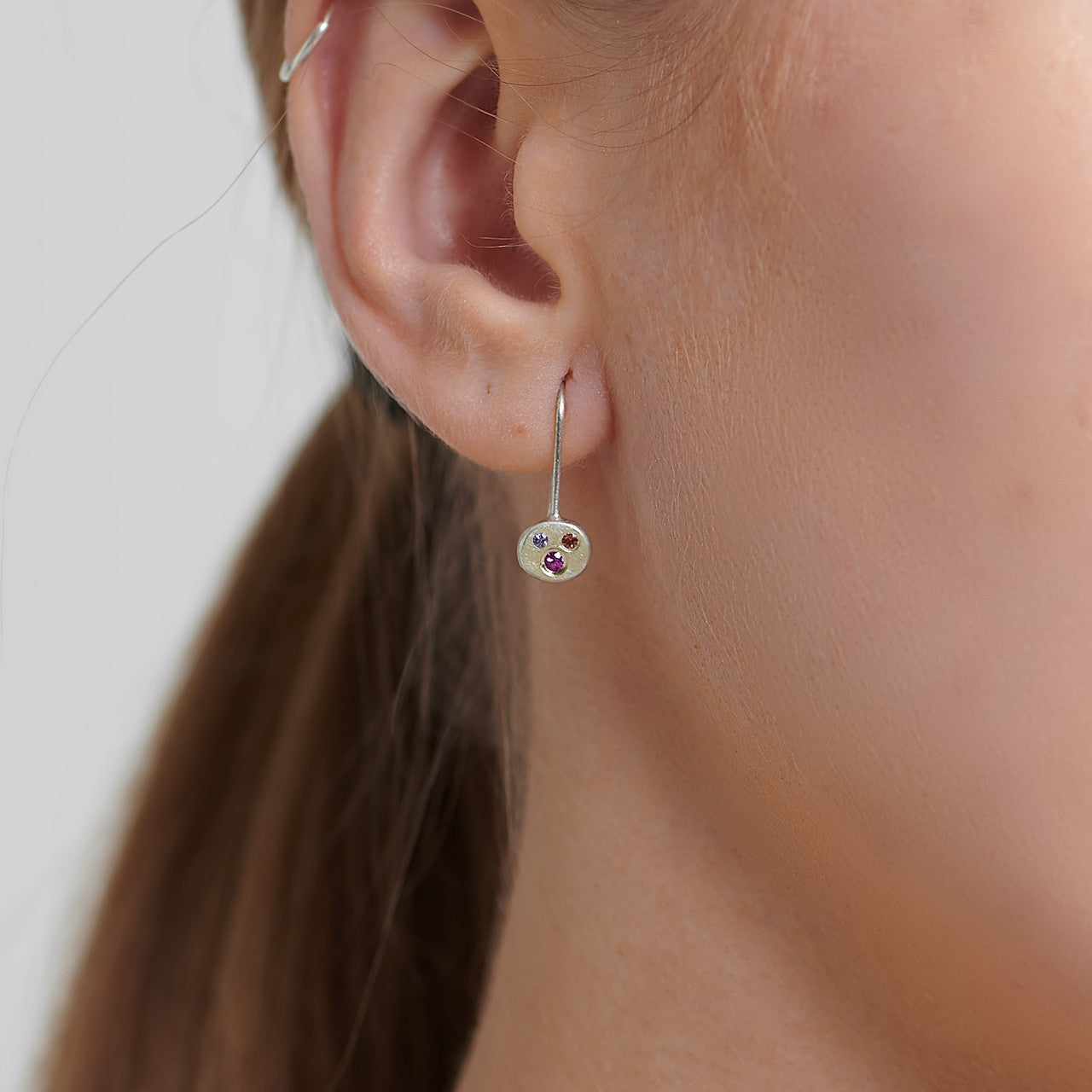 Mini Triple Pink Sapphire Disc Silver Earrings