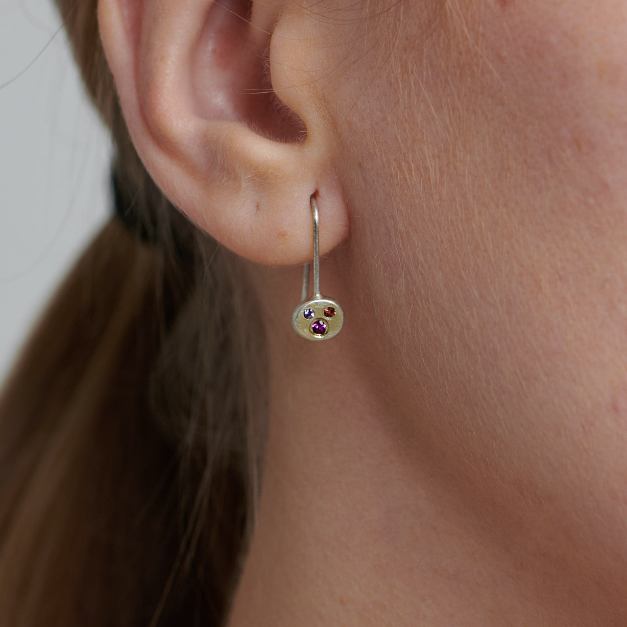 Mini Triple Pink Sapphire Disc Silver Earrings