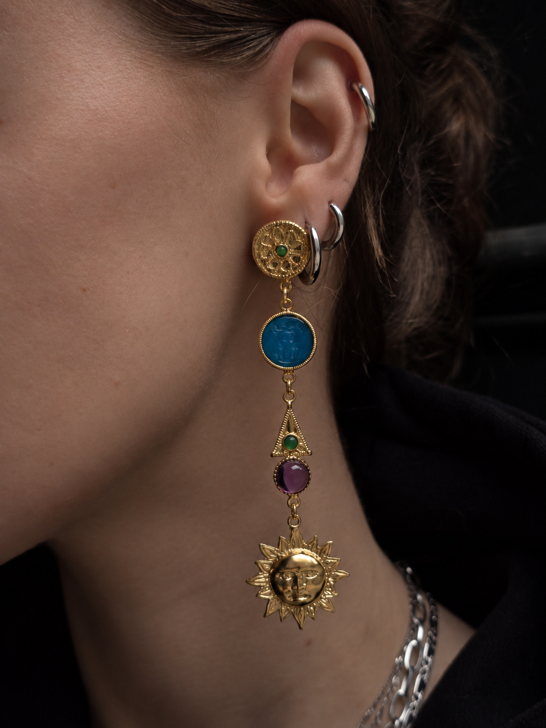 Large Sun and Moon Drop Earrings with Intaglio Glass