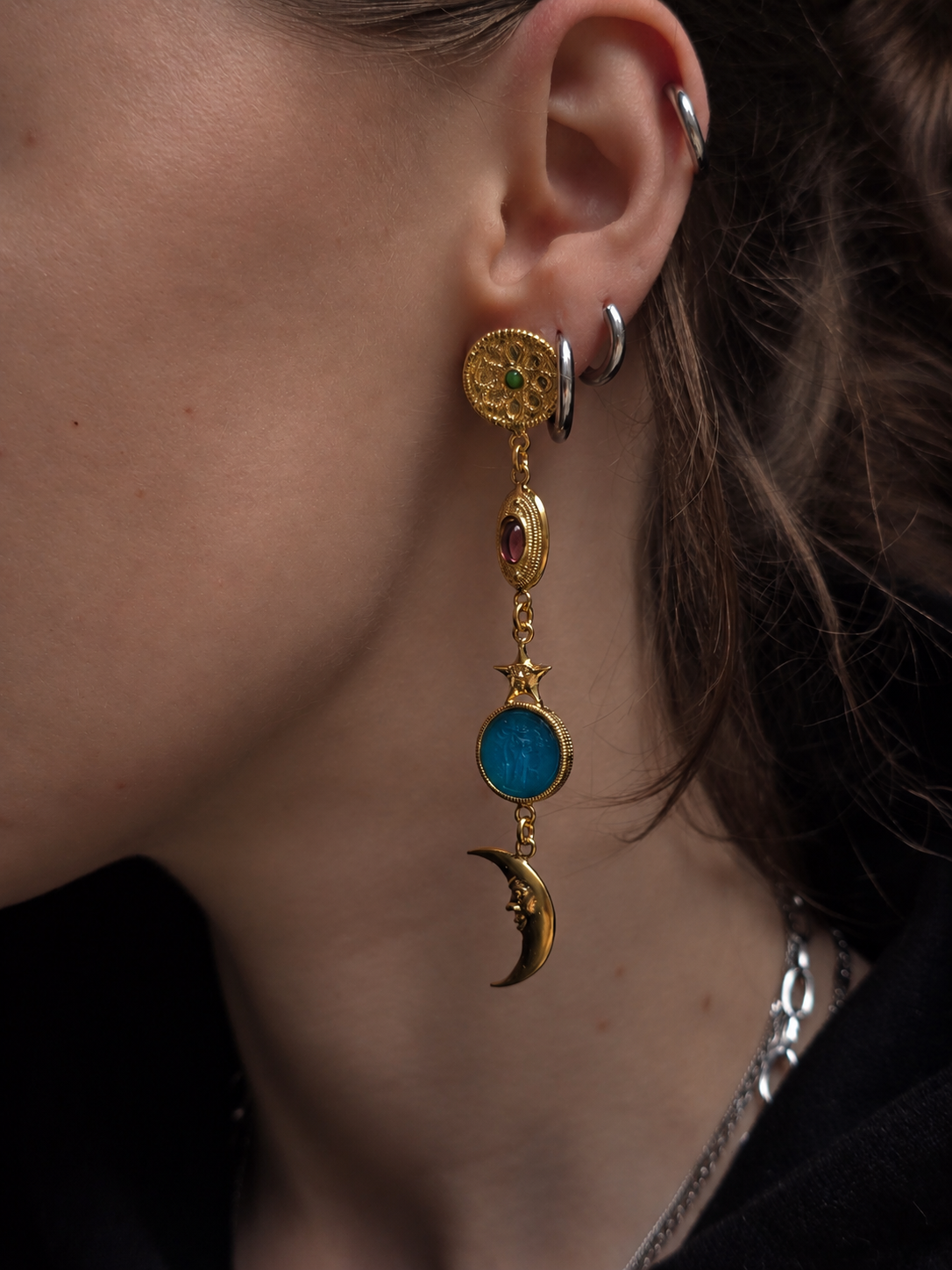 Large Sun and Moon Drop Earrings with Intaglio Glass