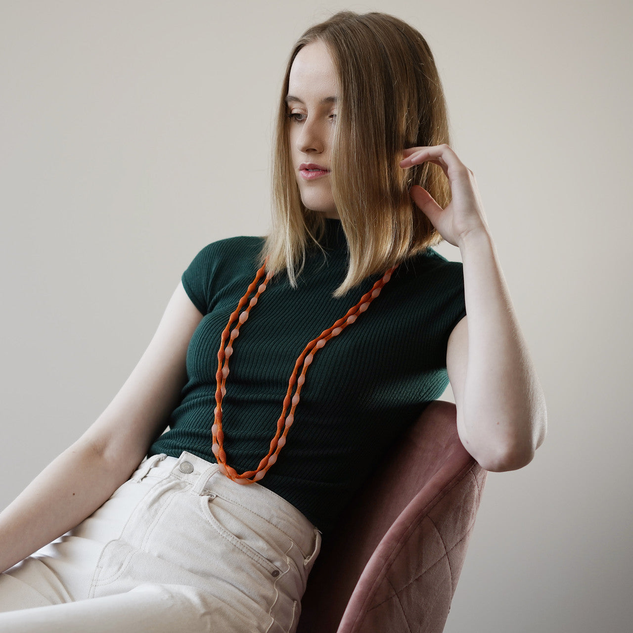 Tzuri_Gueta_handmade_jewellery_necklace_long_silicone_viscose_organic_looking_orange_transparent_Paris_France_statement_bright_eye_catching